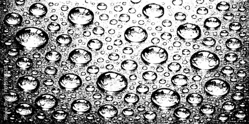 A macro texture of clear water bubbles and rain drops on a transparent glass surface creates an abstract liquid pattern with a clean black and white aesthetic