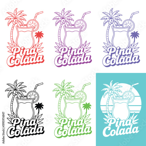 Pina Colada logo designs with colorful tropical backgrounds and illustrations of cocktails