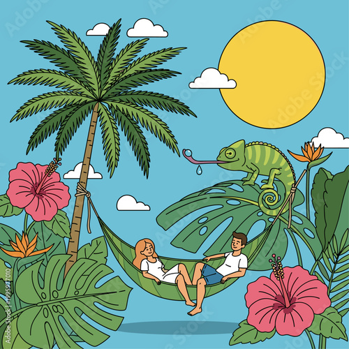 Couple Relaxing in Green Hammock.