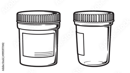 Black and white vector line art illustration of two empty medicine pill bottles with ribbed caps and blank labels, representing pharmaceutical packaging.