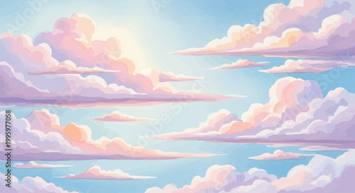 Soft pastel clouds drift across a serene blue sky at sunset.