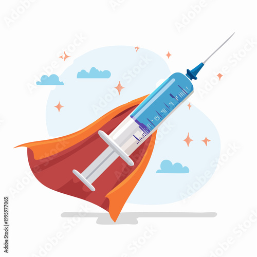 Superhero Syringe with Blue Liquid and Orange Cape