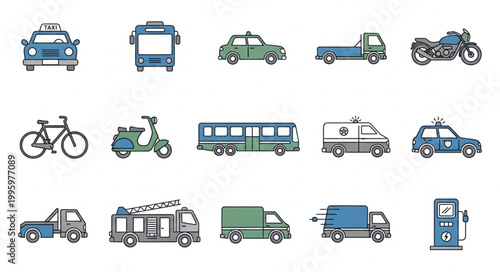 Collection of various vehicles and transportation icons.