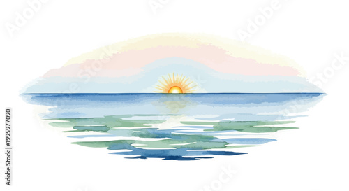 Watercolor sunrise over the ocean with reflection