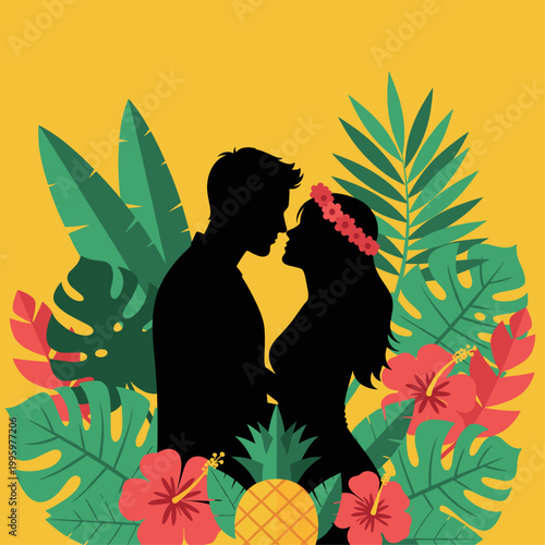 Silhouette of a romantic couple kissing.