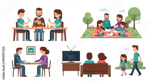 Diverse Family Activities and Gatherings Depicted in Illustrations.
