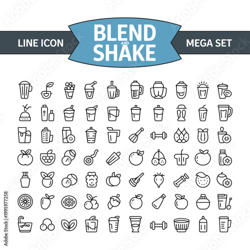 Blend and shake icons for healthy lifestyle and fitness enthusiasts in a mega set