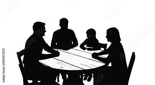 Silhouettes of a family gathered around a round table, sharing a moment together.