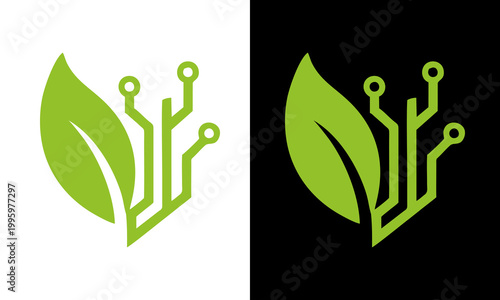 A futuristic green leaf merges with circuit board lines on white and black backgrounds.