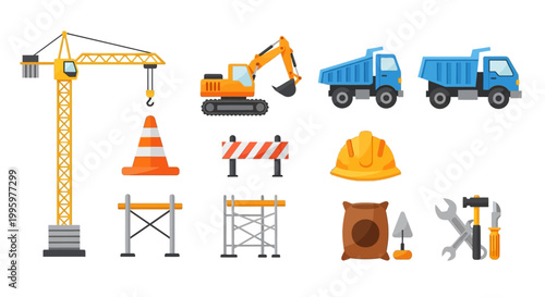 Construction site equipment and building machinery vector icons set