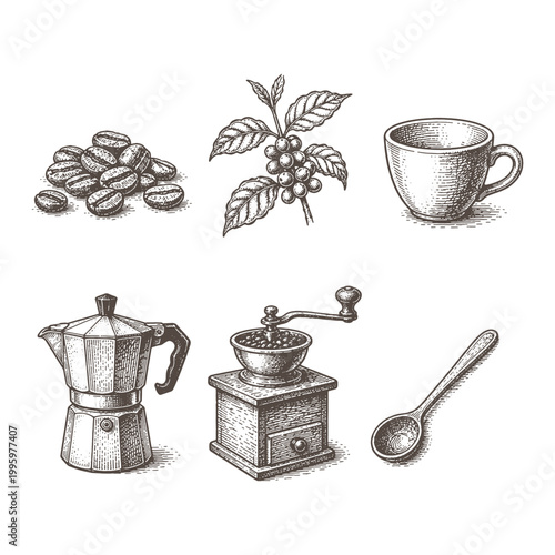 Vintage Hand Drawn Coffee Brewing Tools Vector Illustration Set Featuring Moka Pot Grinder Beans and Cup in Woodcut Engraving Style for Cafe Branding