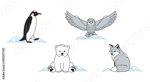 Set of cute arctic animal illustrations including polar bear, penguin, owl and fox