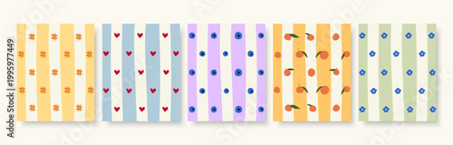 Colorful Striped Seamless Pattern Set with Flowers, Hearts, Berries and Oranges