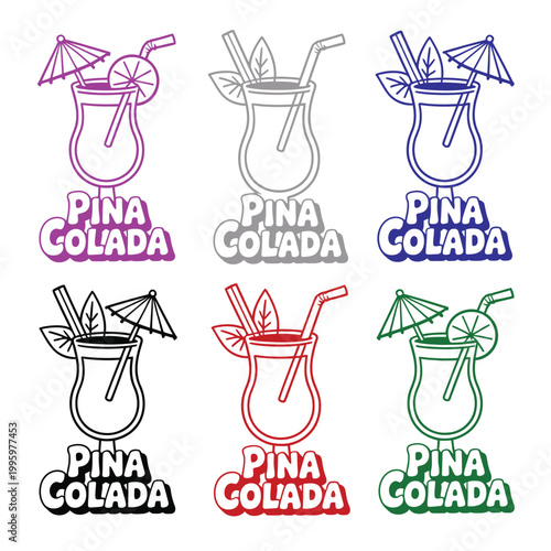 Colorful pina colada cocktails with umbrellas and straws on a beige background