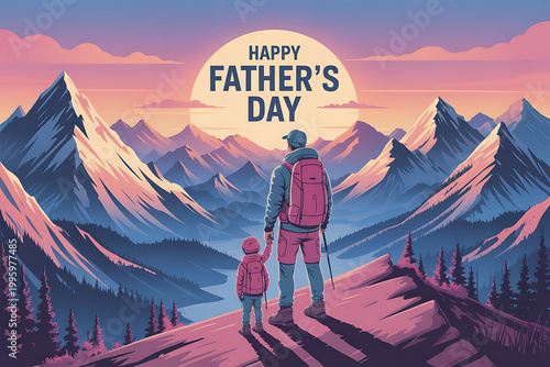A father and son enjoying a breathtaking mountain view on Father's Day on transparent background