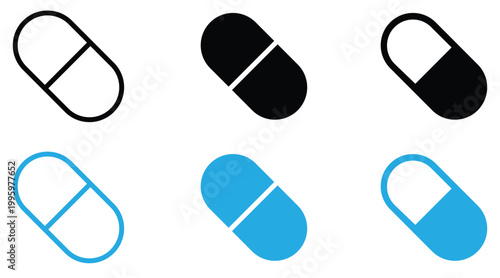 Vector set of various capsule pill icons on white background
