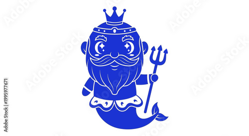 Blue cartoon merman with crown trident.
