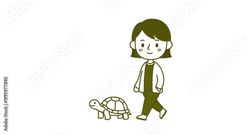 Cartoon woman walking slowly with a cute turtle companion