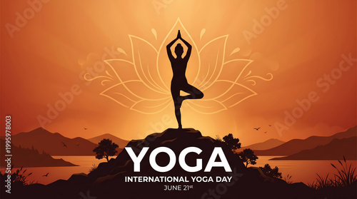 International Yoga Day Silhouette Meditation at Sunrise Lotus Background Wellness Illustration