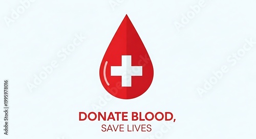 Flat illustration of blood drop with cross, text “Donate Blood, Save Lives”