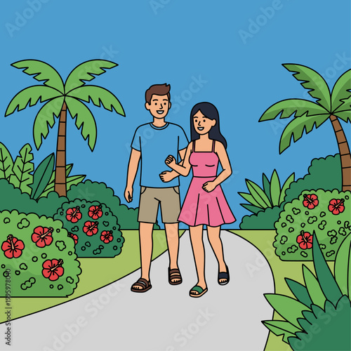 Young couple walking on pathway together.