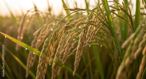 Golden Rice Field Grains Close Up View.