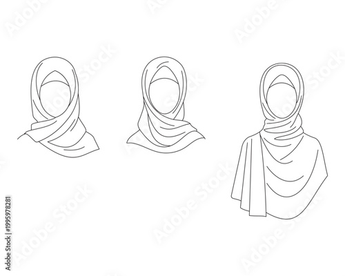 Minimalist hijab line art collection, set of 3 Muslim woman headscarf styles, elegant female modest fashion vector illustrations for beauty branding
