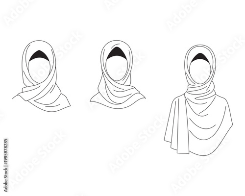 Minimalist hijab line art collection, set of 3 Muslim woman headscarf vector icons, elegant modest fashion veil illustrations for beauty branding
