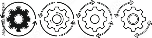 Workflow Process Icons with Gears and Circular Arrows Representing Automation, Iteration, and Continuous Improvement for Business Systems, Technology Design, and Project Management Concepts