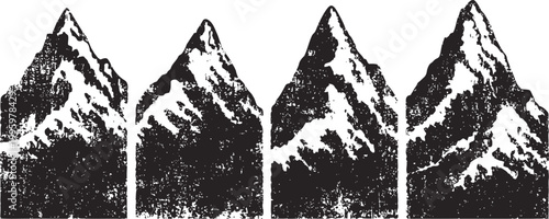 Four stylized black and white mountain peaks with snow caps in a row, vector illustration