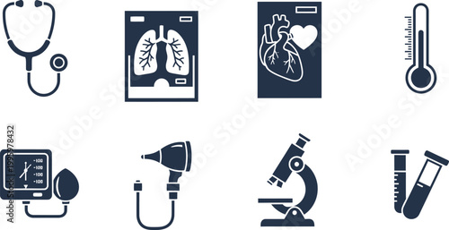 Medical healthcare icons set stethoscope lungs heart microscope diagnostic equipment collection 