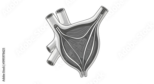 Detailed illustration of human heart anatomy with cardiac muscle and vessels.