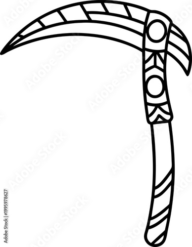 decorative curved sickle blade with patterned handle in black and white line art