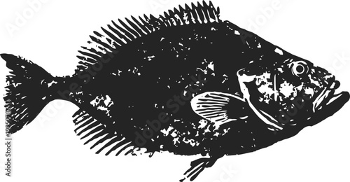 Black silhouette of a fish with detailed fins and textured body isolated on white background