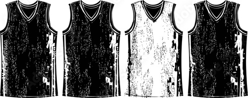 Four vintage sleeveless basketball jerseys with contrasting piping stripes, sportswear apparel set