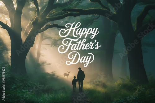 A heartwarming scene of a father and child walking through a misty forest on Father's Day on transparent background