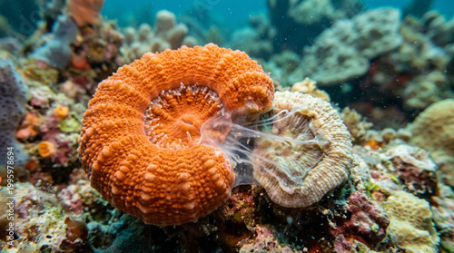 Obraz na plátne Close up of an orange doughnut coral dissolving its enemy with digestive enzymes