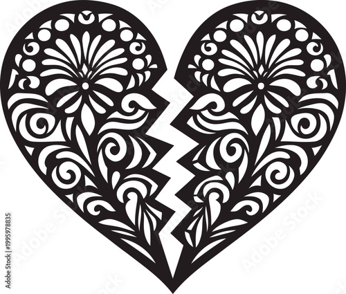 decorative broken heart silhouette with floral and swirl patterns, love and heartbreak symbol