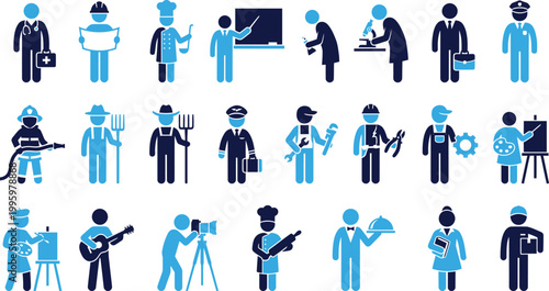 Set of profession icons representing diverse careers in a clean blue and dark blue color scheme.