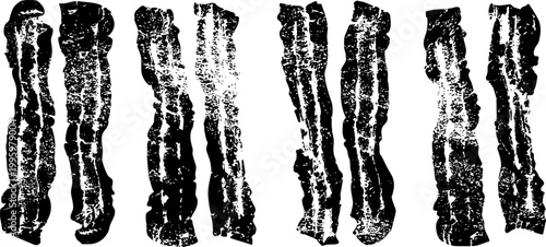 Crispy grilled bacon slices burnt and cooked in different styles isolated on white background