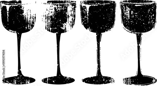 Four vintage wine glasses silhouette elegant goblets with long stems, classic drinkware design
