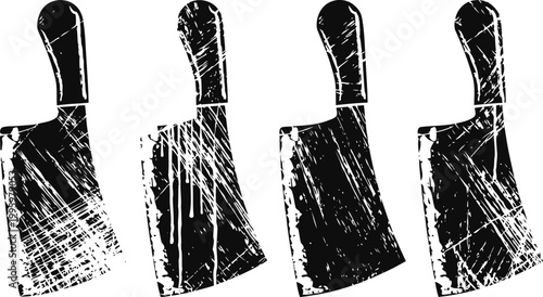 Four vintage meat cleavers with scratched metal blades and wooden handles in black and white