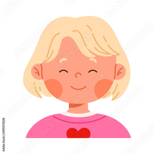 Cute calm smiling blonde girl character with closed eyes. Peaceful and content facial expression. Friendly child avatar. Kid apps and emotion education concept. Isolated vector illustration