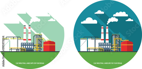 Industrial plant in day and night scenes with refinery buildings, storage tanks, smokestacks, and environmental contrast vector illustration in circular composition