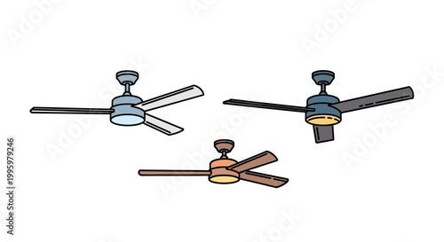 Three Illustrated Ceiling Fans in Various Colors and Designs.