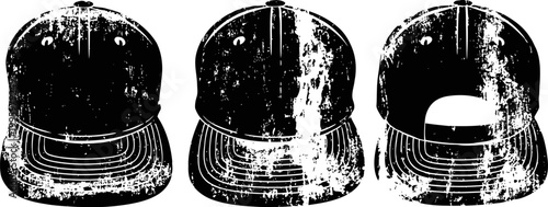 Grunge distressed snapback cap design in three views with texture detailing