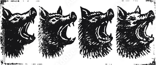 Vintage hand drawn wild boar heads, roaring animal illustrations in black ink
