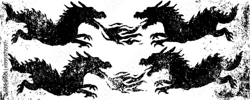 Four black dragons breathing fire in a vintage grunge ink illustration