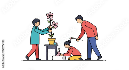 Three People Caring for a Beautiful Orchid Plant Together.