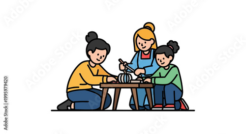 Three people carving a pumpkin together on a small table.